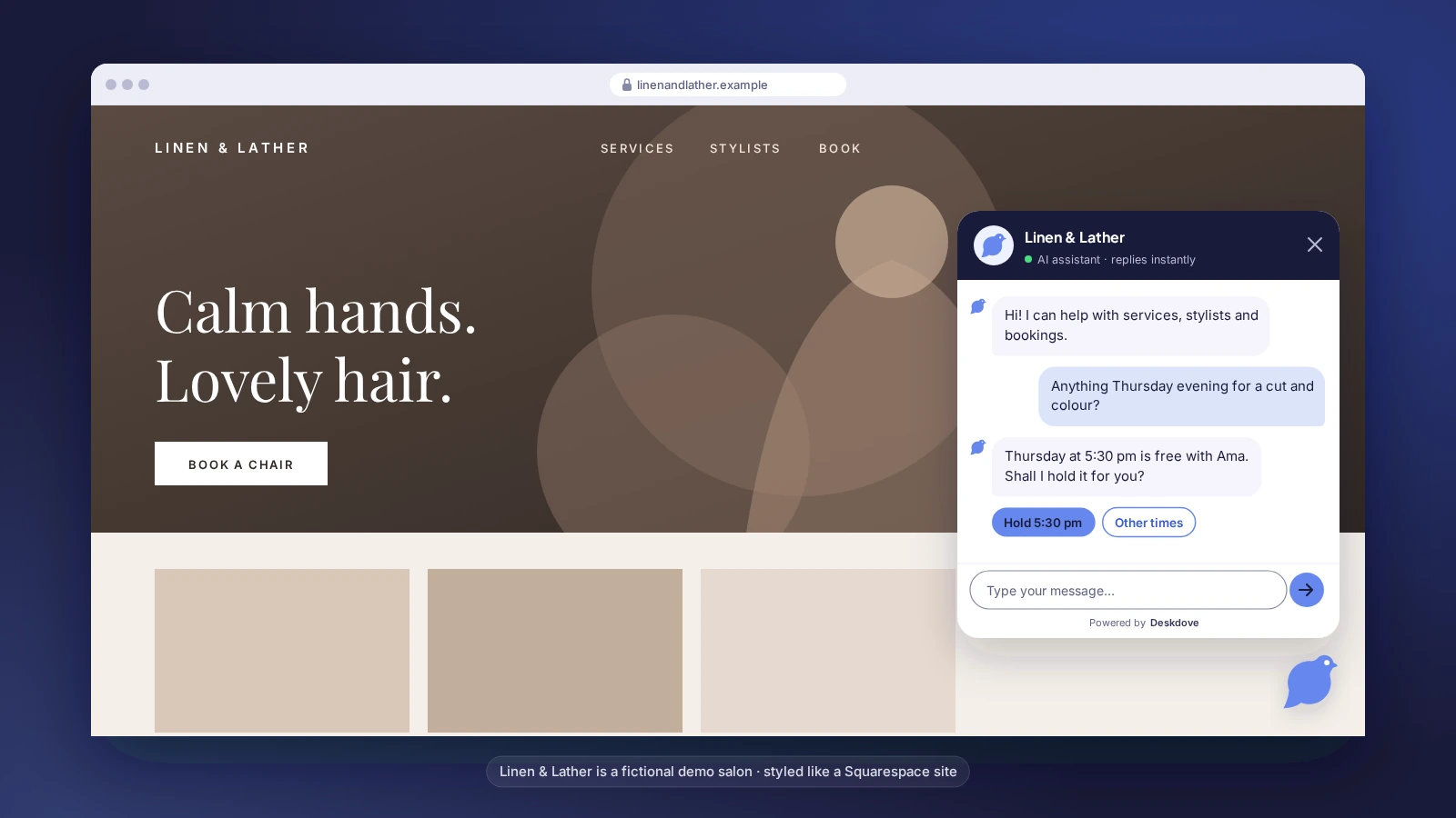 Deskdove chat on a Squarespace site