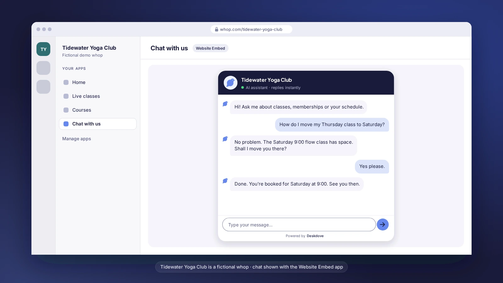 Deskdove chat inside a whop via Website Embed