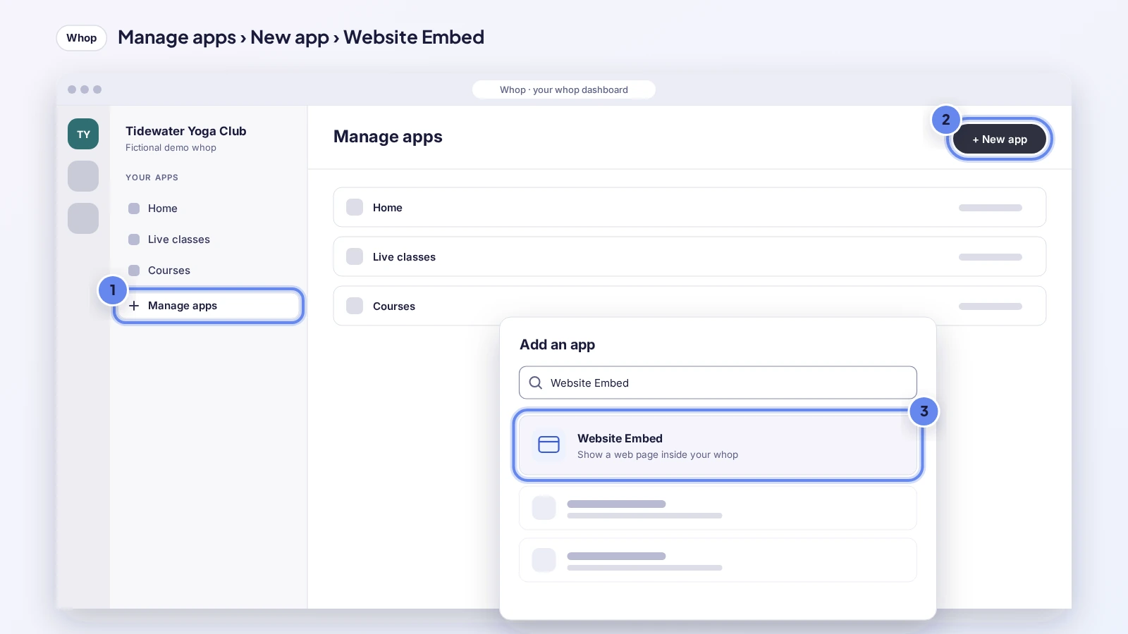 Whop: Manage apps > New app > Website Embed