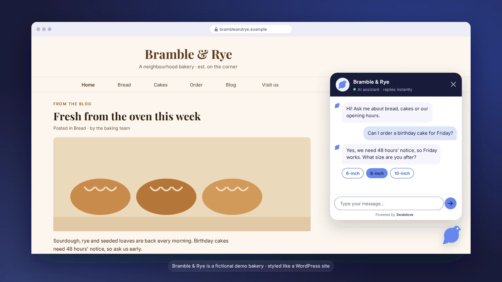 Deskdove chat on a WordPress site