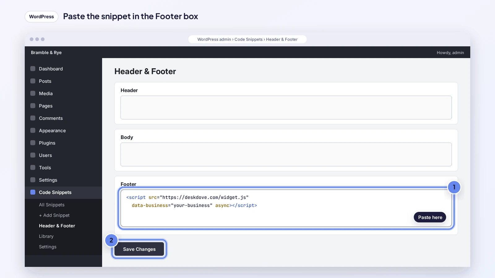 WPCode Footer box with the snippet